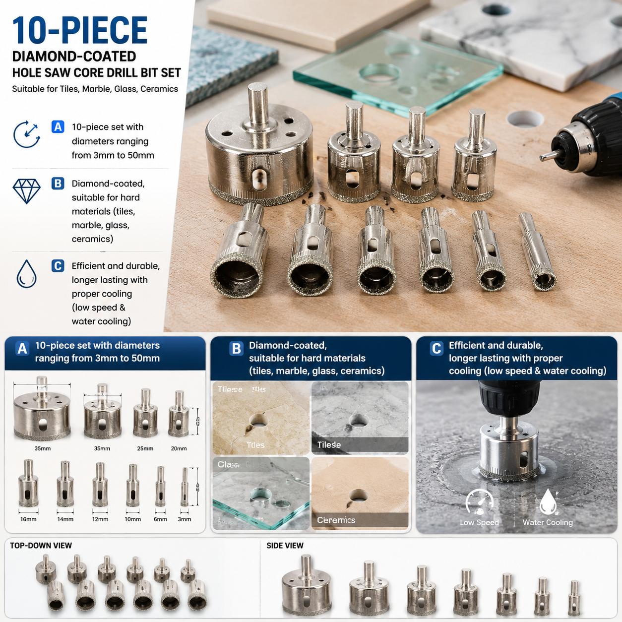 Reciprocating Saw Attachment Drill - Conjunto de Brocas Diamantadas com 10